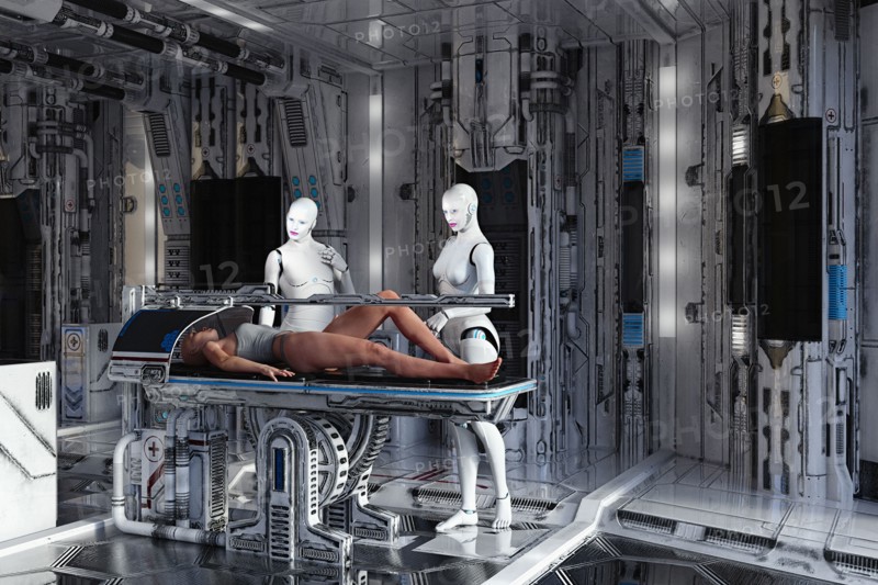 White female cyborg examining woman on table