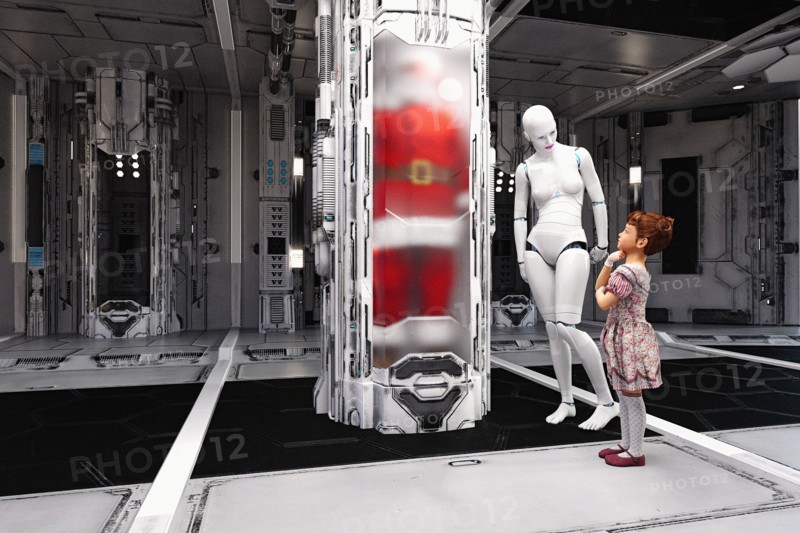 White female cyborg and girl watching Santa in cylinder