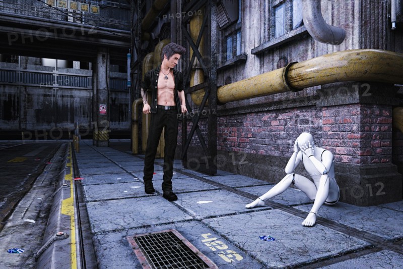 Man looking at sad robot sitting on sidewalk in futuristic city