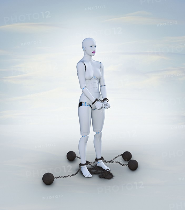 Woman robot in shackles
