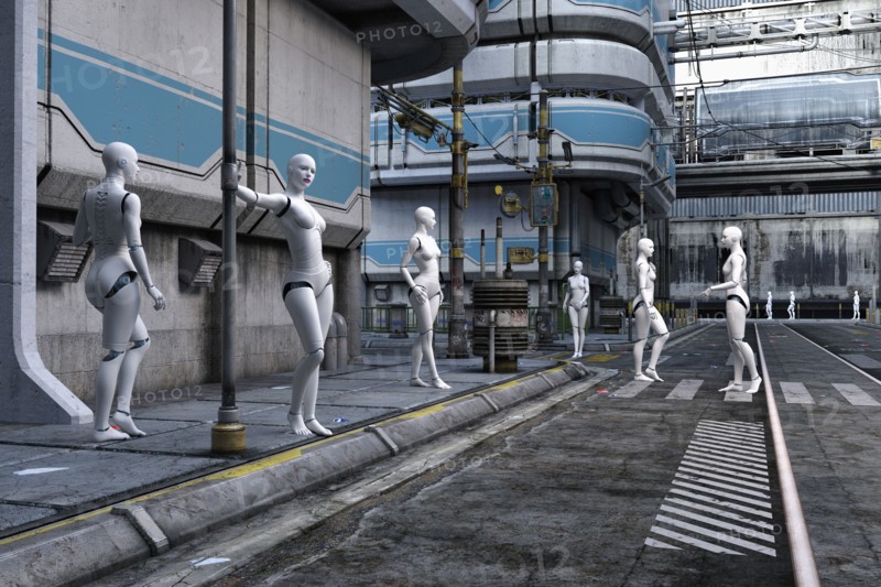 Women robots in futuristic city