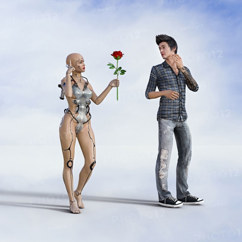 Woman robot offering rose to man