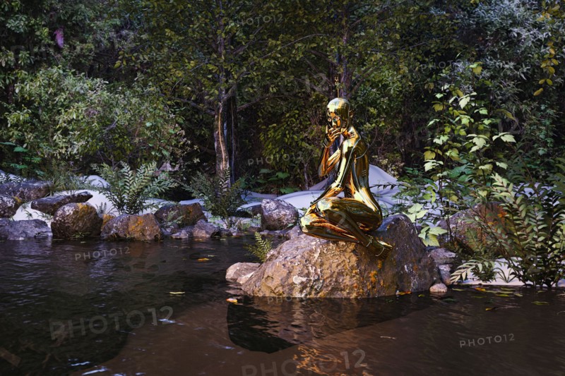 Pensive woman robot sitting on rock at river