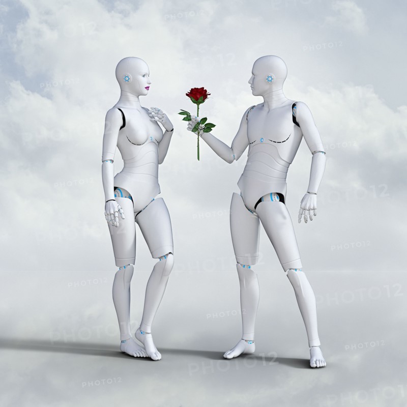 Man robot offering rose to woman robot
