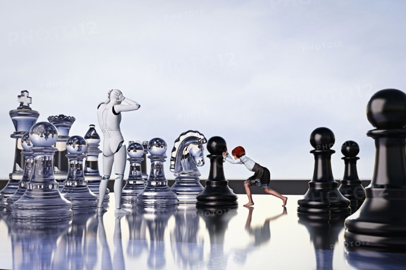 Frustrated robot watching girl playing chess with large pieces