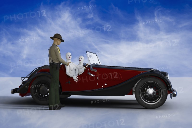 Trooper talking to robot women driving vintage car