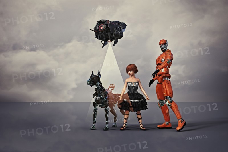 Robot man and dog with drone protecting girl