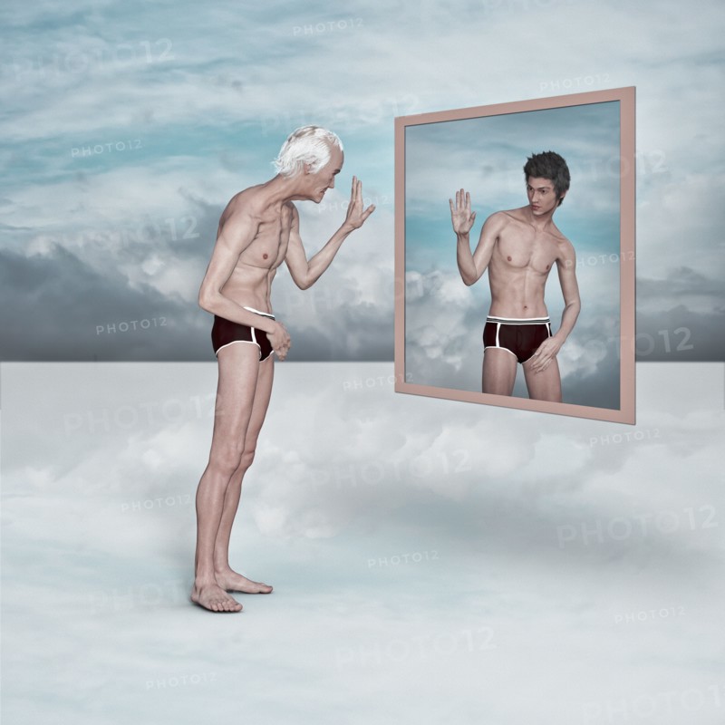 Older man admiring image of younger man in virtual mirror