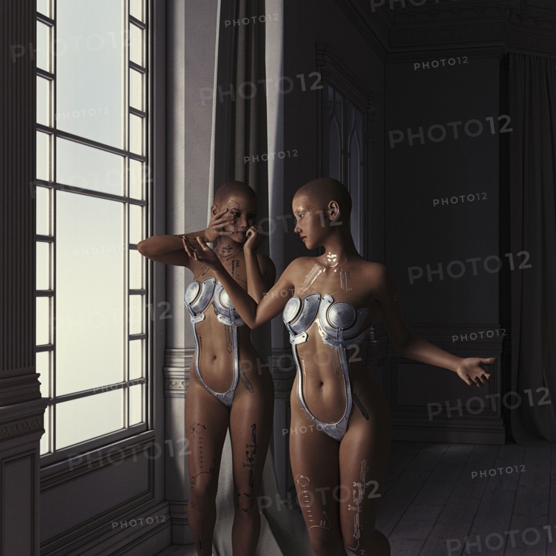 Robot women standing near window