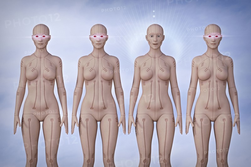 Surprised robot woman standing out from the crowd