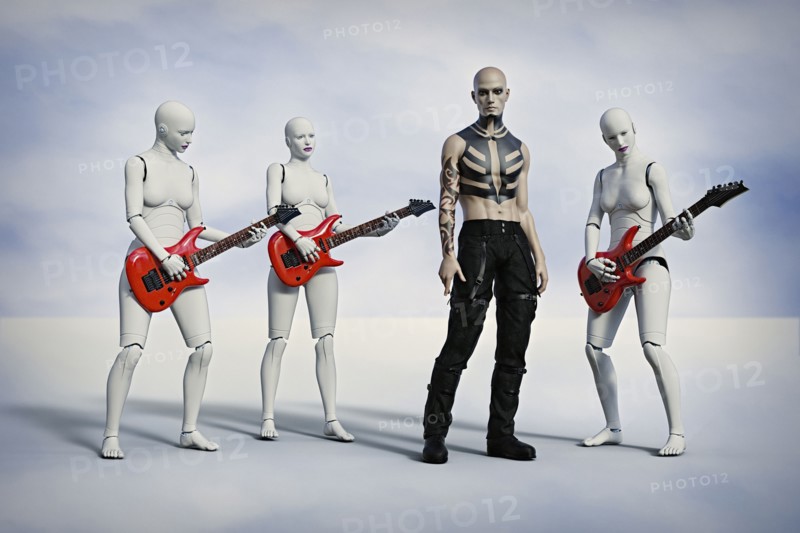 Robot women playing guitar near man with tattoos