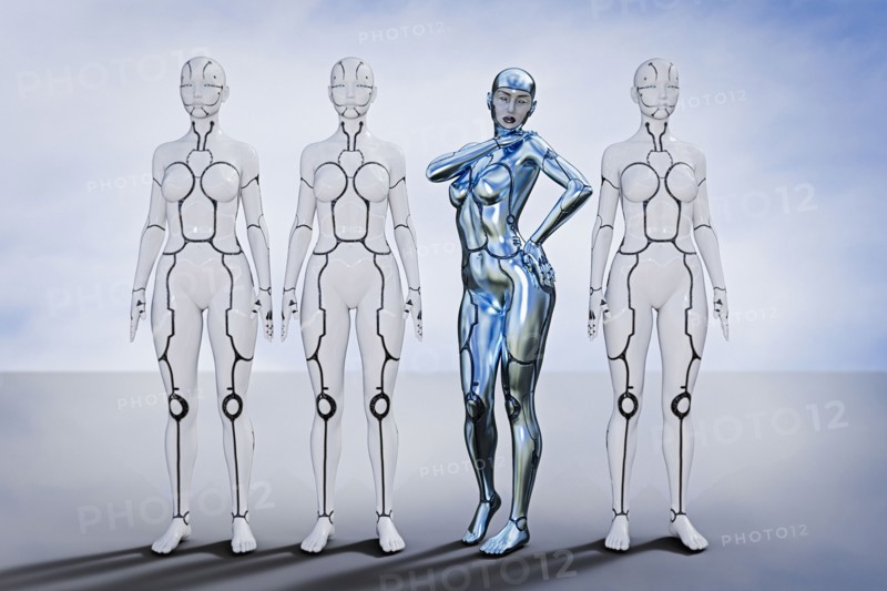 Silver robot woman standing out from crowd