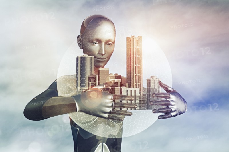 Robot holding city in sphere