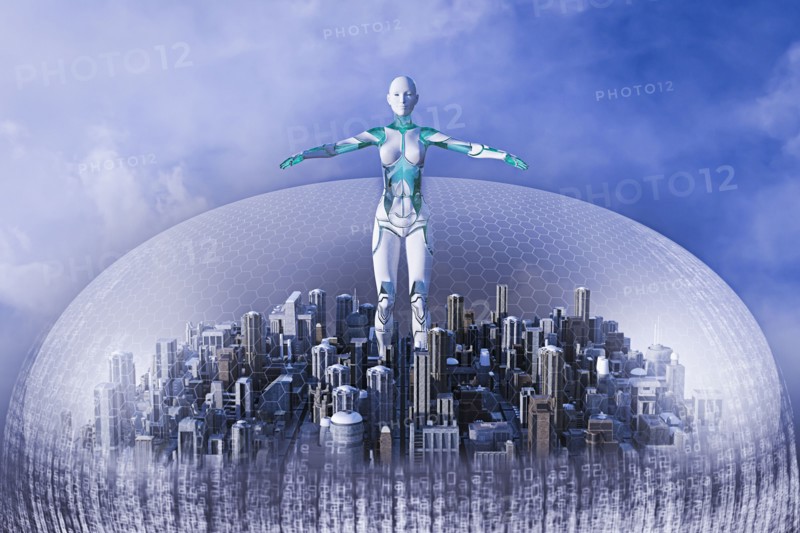 Robot woman standing in city in sphere