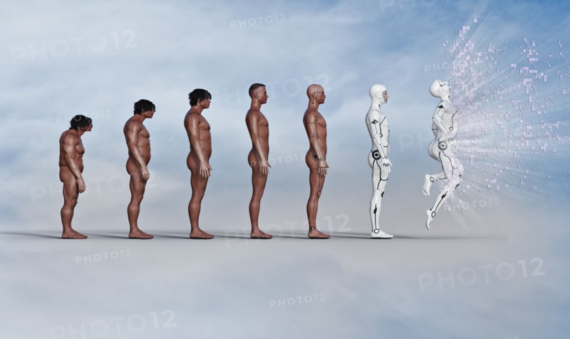 Evolution of man from caveman to exploding robot