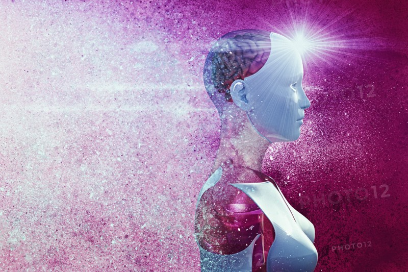 Profile of cyborg with purple brain