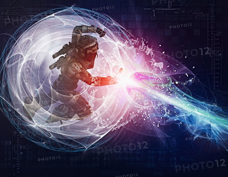 Futuristic soldier shooting beam from force field