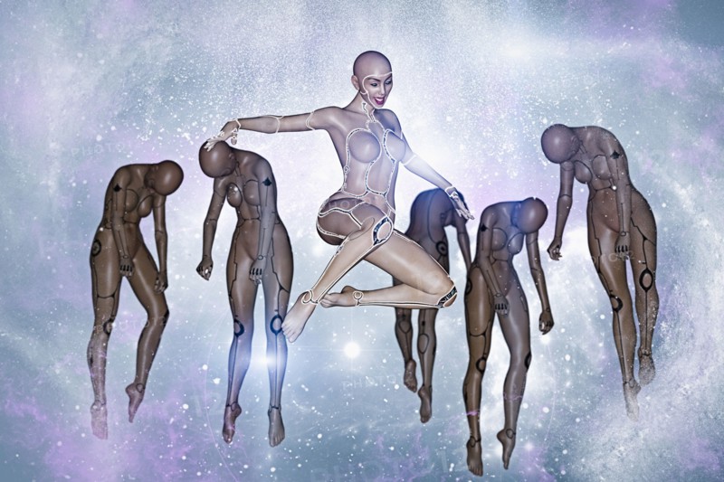 Women cyborgs floating in the cyberspace