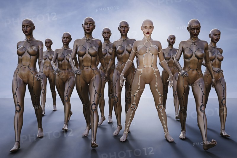 Cyborg women walking and standing