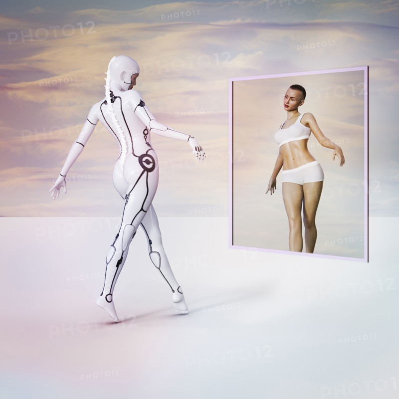 Cyborg and reflection of woman in virtual mirror