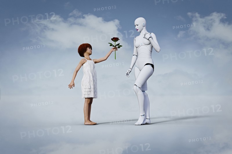 Girl offering flour to woman robot