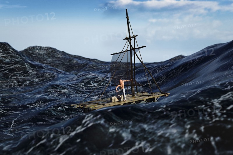 Man sailing on a raft in stormy ocean