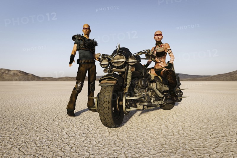 Futuristic road warriors on motorcycle in desert