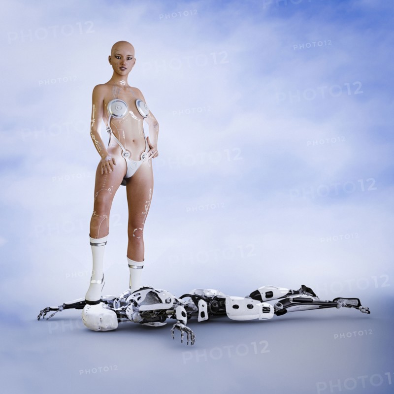 Cyborg woman standing on head of defeated man robot