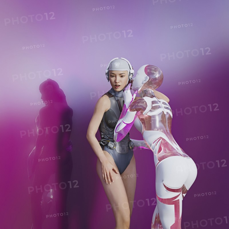 Cyborg woman whispering secret to woman