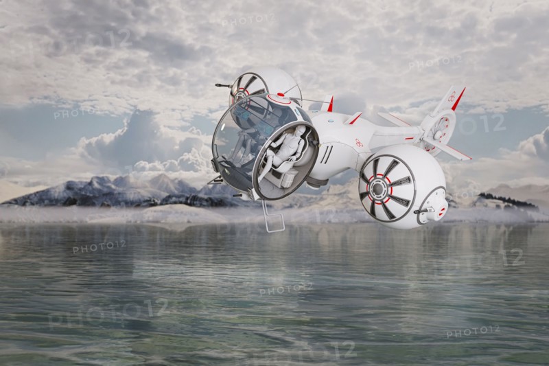 Futuristic airplane hovering over ocean