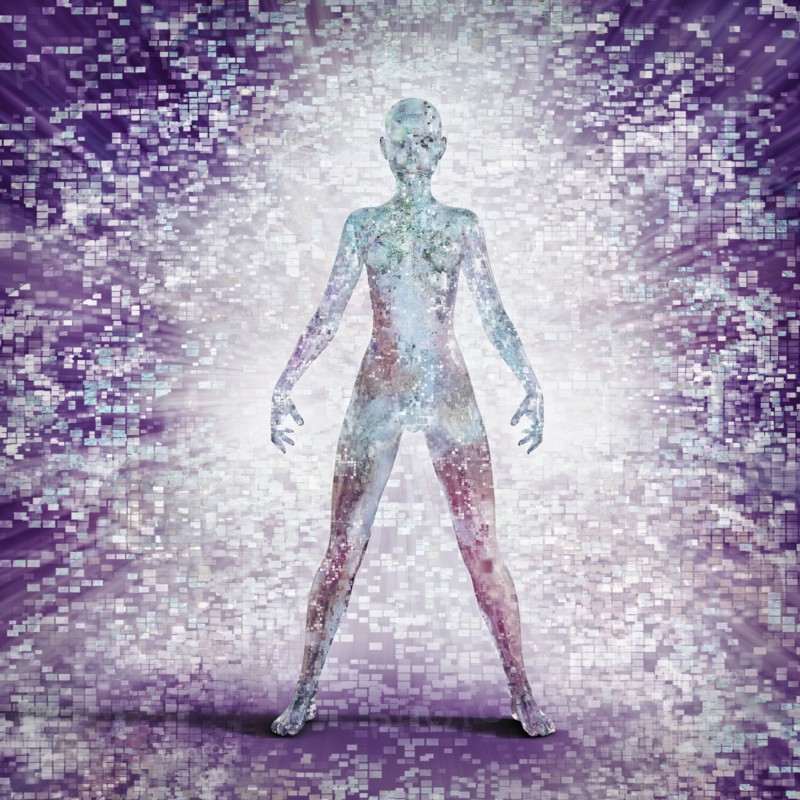 Futuristic woman glowing with pixels