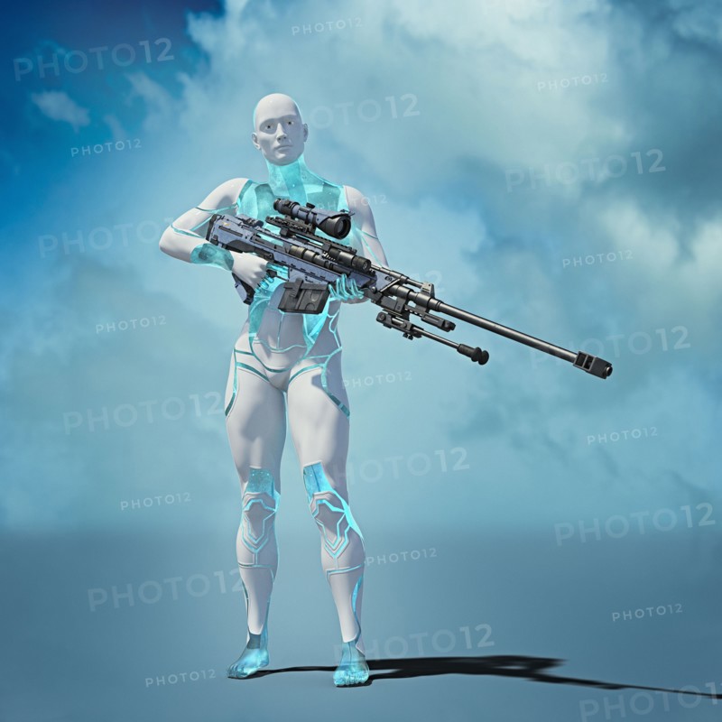 Cyborg man carrying futuristic rifle