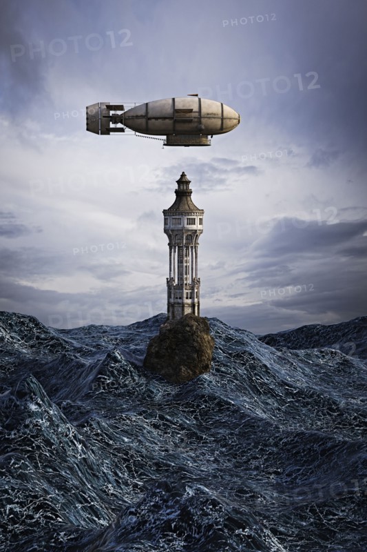 Zeppelin hovering over lighthouse on rock in ocean