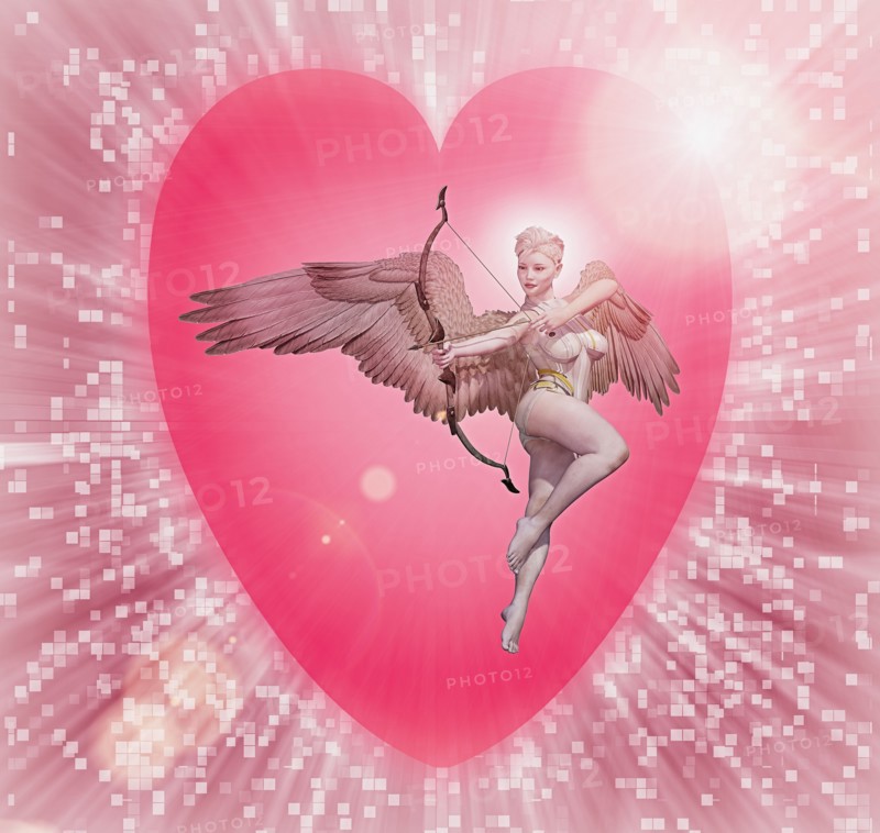 Cupid holding bow and arrow in cyberspace