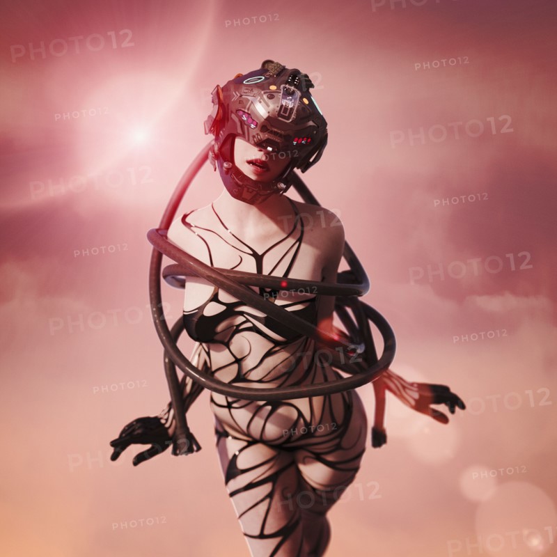 Woman wearing virtual reality helmet wrapped with hose