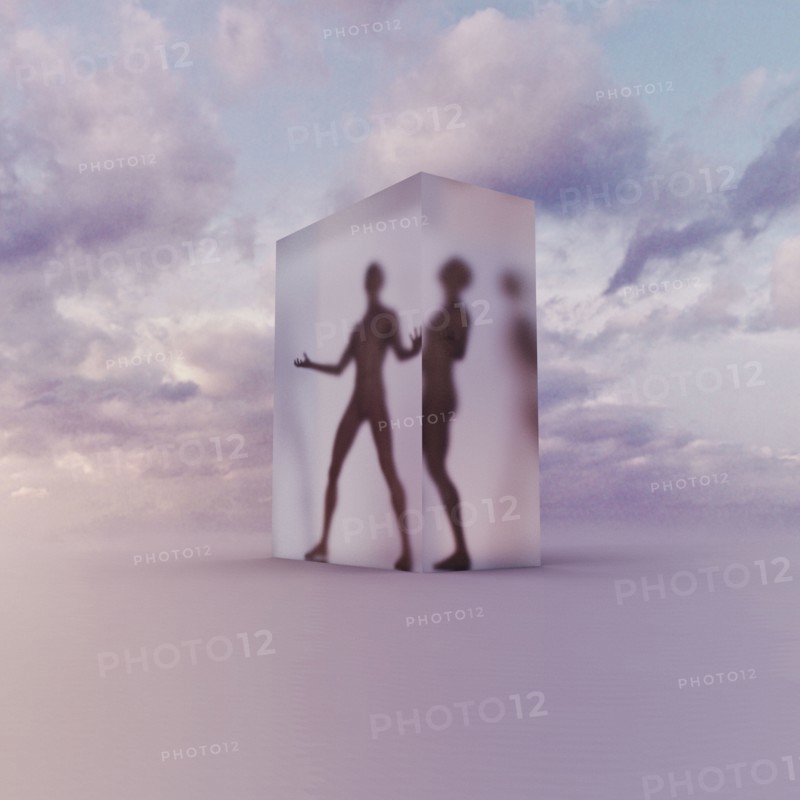 Person frozen in suspended animation in clouds