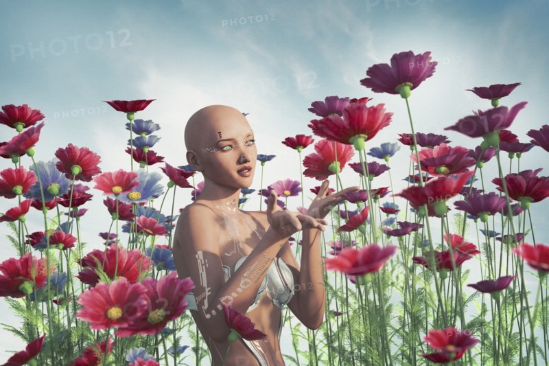 Cyborg woman enjoying flowers