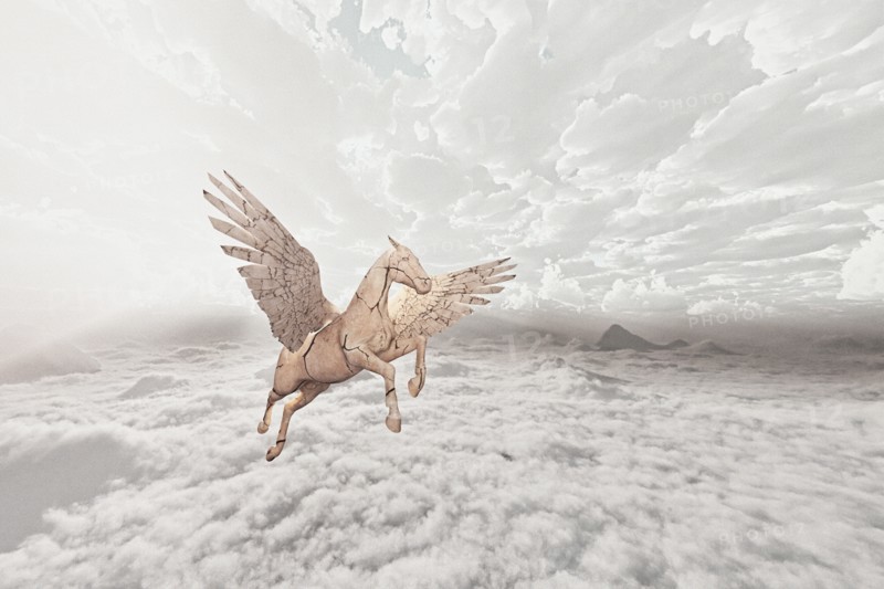 Cracked horse flying in clouds