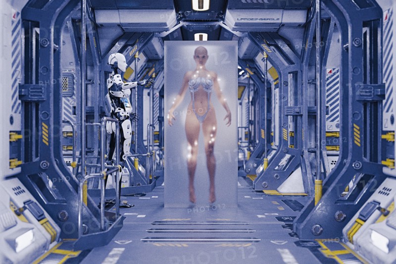 Robot watching woman in suspended animation
