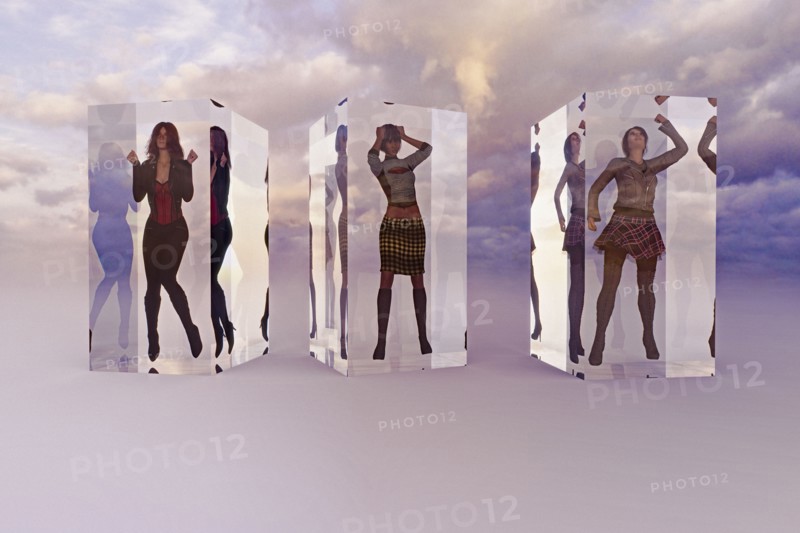 Frustrated women in suspended animation in clouds