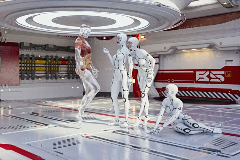 Women cyborgs examining anatomy of transparent man
