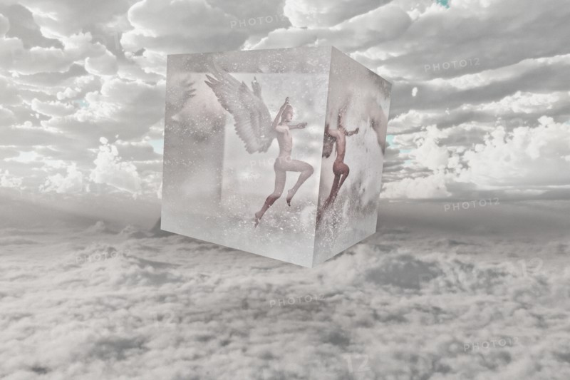 Angel in suspended animation in the clouds