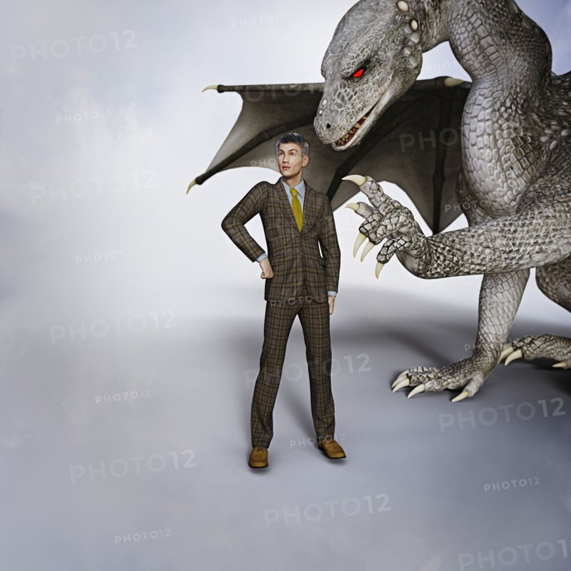 Dragon tapping businessmen on shoulder