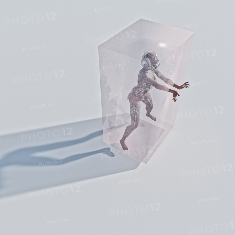 Woman wearing virtual reality helmet trapped in suspended animation