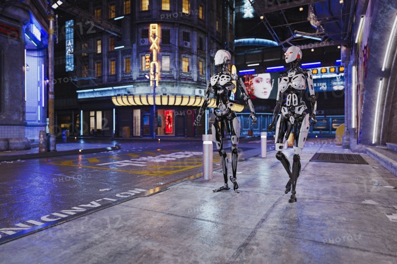 Robot couple walking in futuristic city