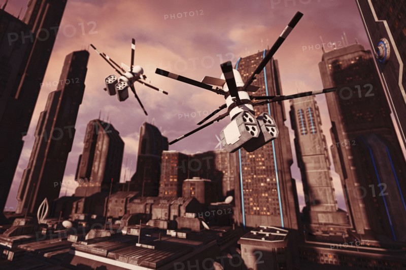 Drones flying in futuristic city