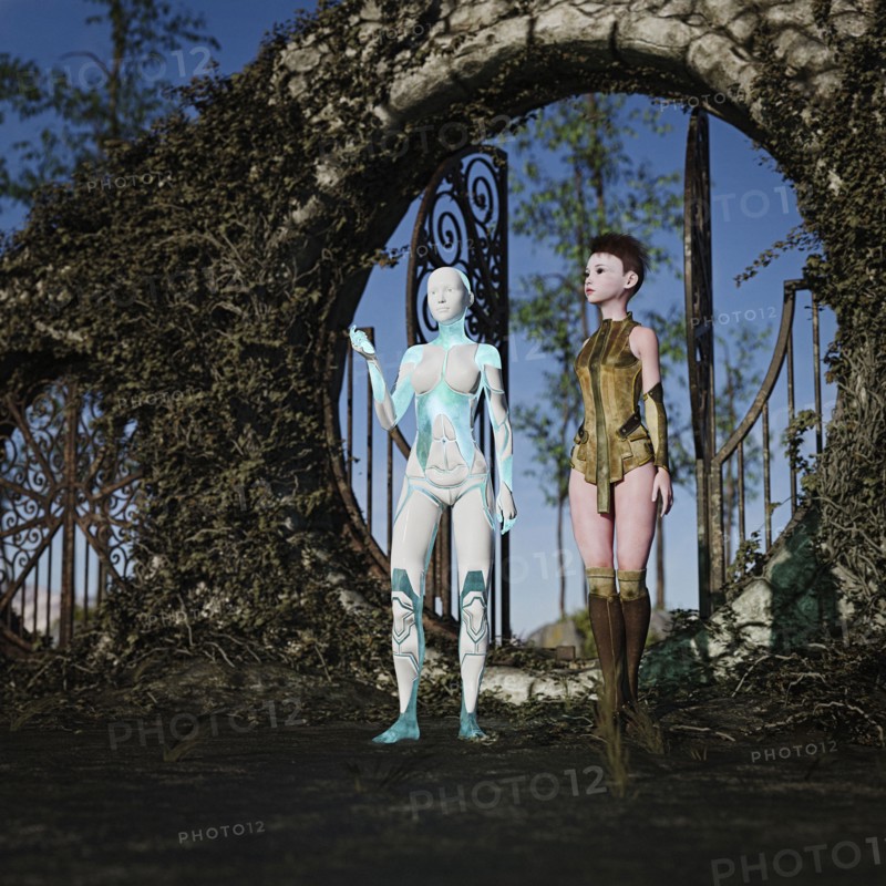 Cyborg and a woman standing in the garden