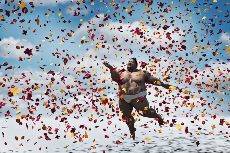 Sumo wrestler floating in autumn leaves