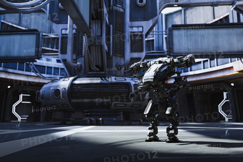Robot with guns in futuristic city