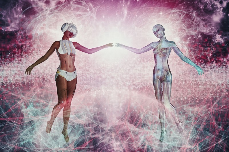 Woman floating in virtual reality